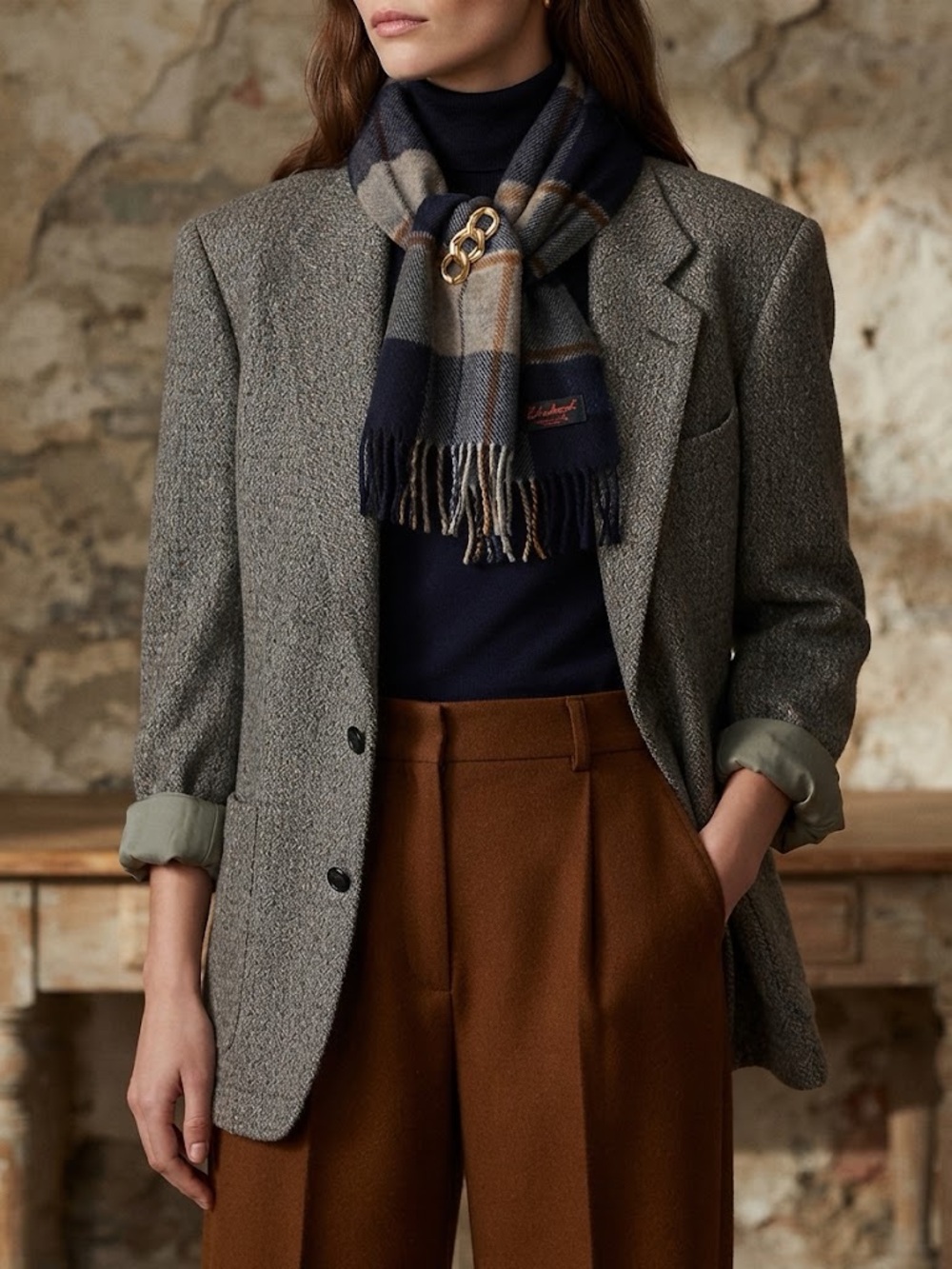 HARRIS TWEED WOOL BLAZER SET + SCARF + BROOCH